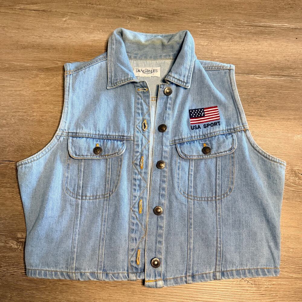 Vintage Tangibles USA Sport Denim Vest Jean Olympics Fourth of July